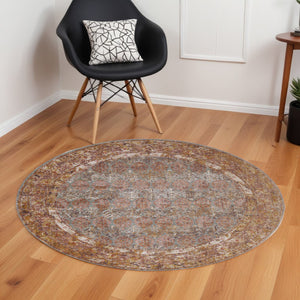 HomeRoots 7' Teal and Orange Medallion Vintage Runner Rug - Durable, Stain-Resistant, Perfect for High-Traffic Areas 6' Round 532067