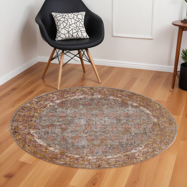 HomeRoots 7' Teal and Orange Medallion Vintage Runner Rug - Durable, Stain-Resistant, Perfect for High-Traffic Areas 6' Round 532067