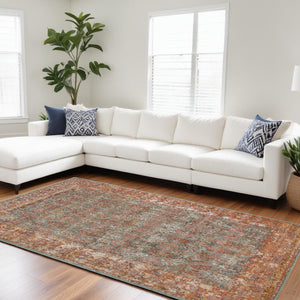 HomeRoots 7' Teal and Orange Medallion Vintage Runner Rug - Durable, Stain-Resistant, Perfect for High-Traffic Areas 10' X 14' 532070