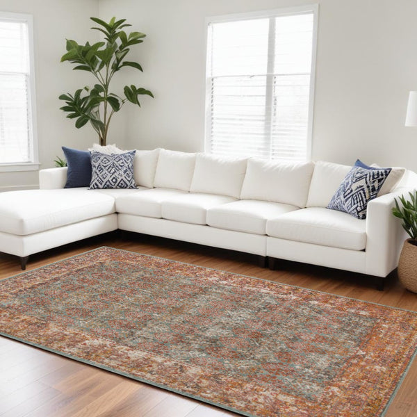 HomeRoots 7' Teal and Orange Medallion Vintage Runner Rug - Durable, Stain-Resistant, Perfect for High-Traffic Areas 10' X 14' 532070