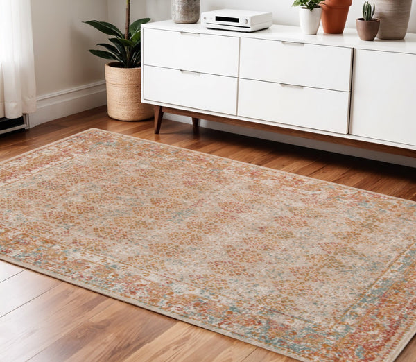 HomeRoots 7' Teal and Orange Medallion Vintage Runner Rug - Durable, Stain-Resistant, Perfect for High-Traffic Areas 4' X 6' 532073