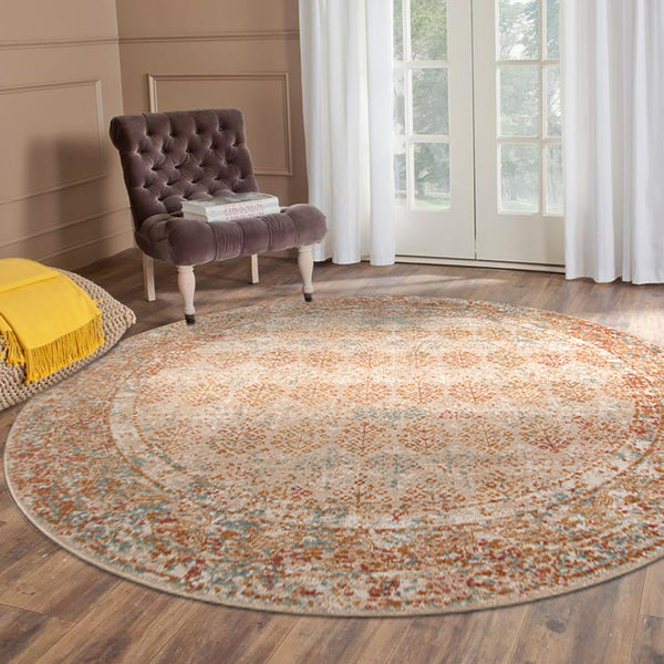 HomeRoots 7' Teal and Orange Medallion Vintage Runner Rug - Durable, Stain-Resistant, Perfect for High-Traffic Areas 6' Round 532075
