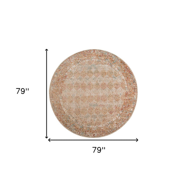 HomeRoots 7' Teal and Orange Medallion Vintage Runner Rug - Durable, Stain-Resistant, Perfect for High-Traffic Areas 6' Round 532075