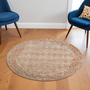 HomeRoots 7' Teal and Orange Medallion Vintage Runner Rug - Durable, Stain-Resistant, Perfect for High-Traffic Areas 6' Round 532075