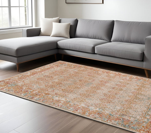 HomeRoots 7' Teal and Orange Medallion Vintage Runner Rug - Durable, Stain-Resistant, Perfect for High-Traffic Areas 7' X 9' 532076