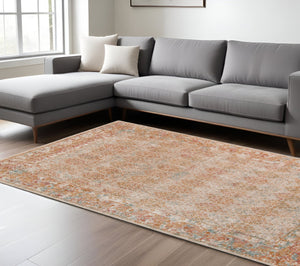 HomeRoots 7' Teal and Orange Medallion Vintage Runner Rug - Durable, Stain-Resistant, Perfect for High-Traffic Areas 10' X 14' 532078