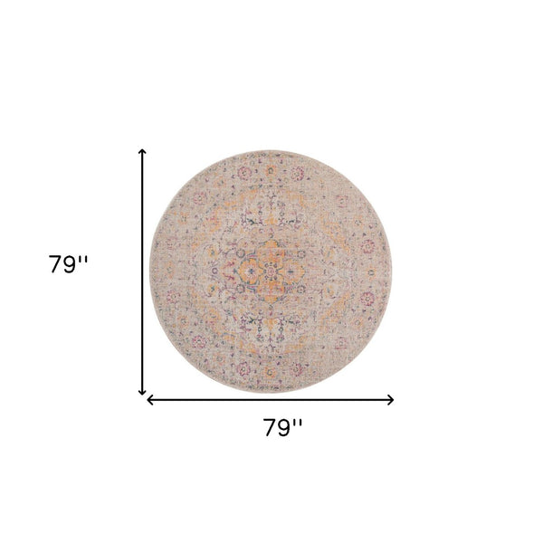 HomeRoots 6' Ivory and Yellow Oriental Distressed Round Rug - Stylish, Durable, and Perfect for Any Home Decor 6' Round 532083