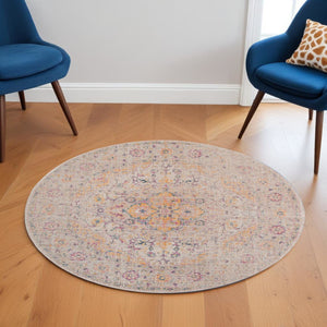 HomeRoots 6' Ivory and Yellow Oriental Distressed Round Rug - Stylish, Durable, and Perfect for Any Home Decor 6' Round 532083