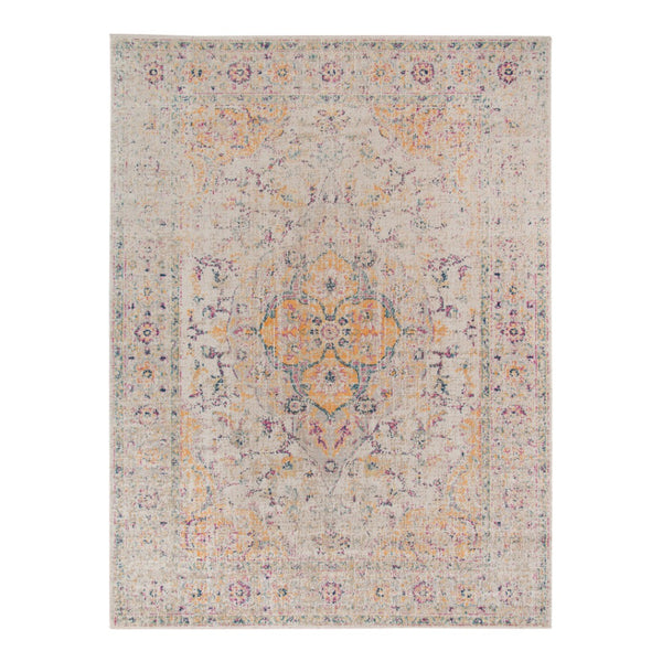 HomeRoots 6' Ivory and Yellow Oriental Distressed Round Rug - Stylish, Durable, and Perfect for Any Home Decor 9' X 12' 532085