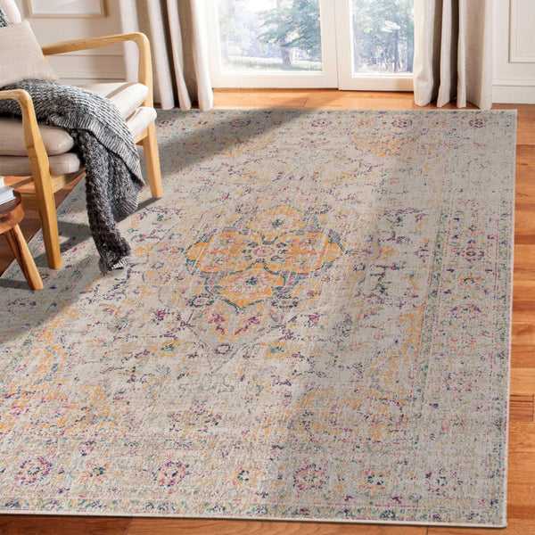 HomeRoots 6' Ivory and Yellow Oriental Distressed Round Rug - Stylish, Durable, and Perfect for Any Home Decor 9' X 12' 532085