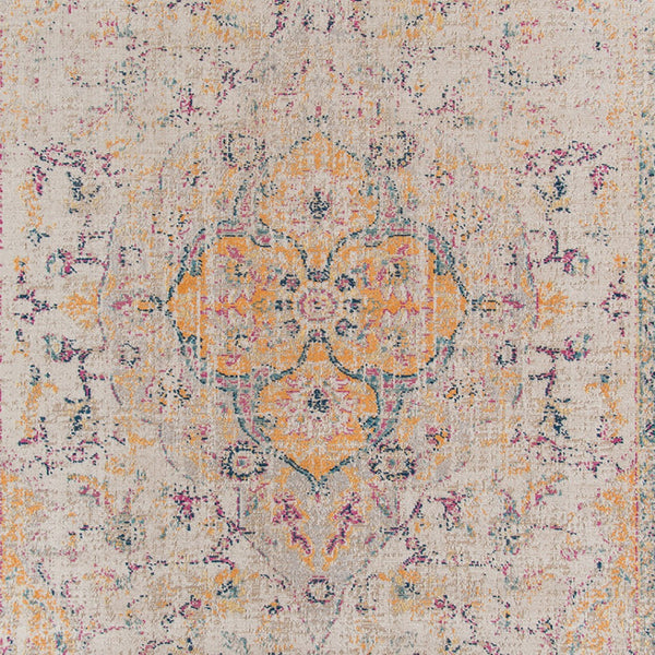 HomeRoots 6' Ivory and Yellow Oriental Distressed Round Rug - Stylish, Durable, and Perfect for Any Home Decor 9' X 12' 532085