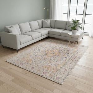 HomeRoots 6' Ivory and Yellow Oriental Distressed Round Rug - Stylish, Durable, and Perfect for Any Home Decor 9' X 12' 532085