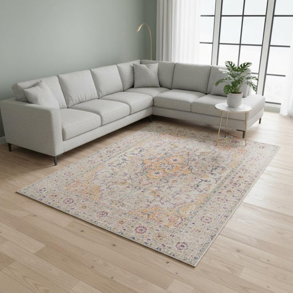 HomeRoots 6' Ivory and Yellow Oriental Distressed Round Rug - Stylish, Durable, and Perfect for Any Home Decor 9' X 12' 532085