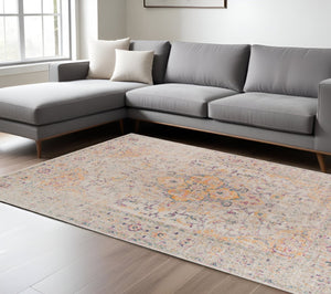 HomeRoots 6' Ivory and Yellow Oriental Distressed Round Rug - Stylish, Durable, and Perfect for Any Home Decor 10' X 14' 532086