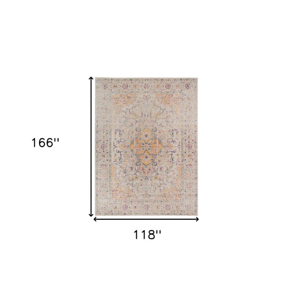 HomeRoots 6' Ivory and Yellow Oriental Distressed Round Rug - Stylish, Durable, and Perfect for Any Home Decor 10' X 14' 532086