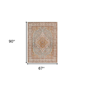 HomeRoots 6' Ivory and Yellow Oriental Distressed Round Rug - Stylish, Durable, and Perfect for Any Home Decor 5' X 8' 532090