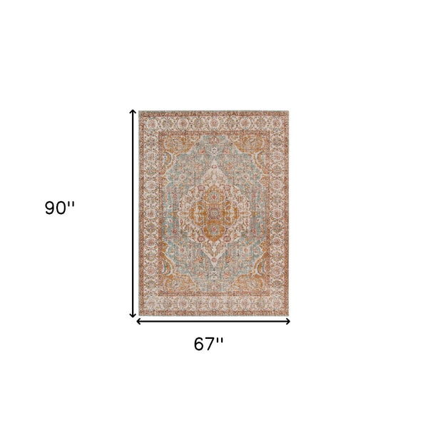 HomeRoots 6' Ivory and Yellow Oriental Distressed Round Rug - Stylish, Durable, and Perfect for Any Home Decor 5' X 8' 532090
