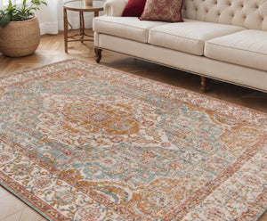 HomeRoots 6' Ivory and Yellow Oriental Distressed Round Rug - Stylish, Durable, and Perfect for Any Home Decor 5' X 8' 532090