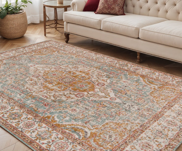 HomeRoots 6' Ivory and Yellow Oriental Distressed Round Rug - Stylish, Durable, and Perfect for Any Home Decor 5' X 8' 532090