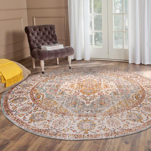 HomeRoots 6' Ivory and Yellow Oriental Distressed Round Rug - Stylish, Durable, and Perfect for Any Home Decor 6' Round 532091