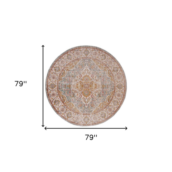 HomeRoots 6' Ivory and Yellow Oriental Distressed Round Rug - Stylish, Durable, and Perfect for Any Home Decor 6' Round 532091