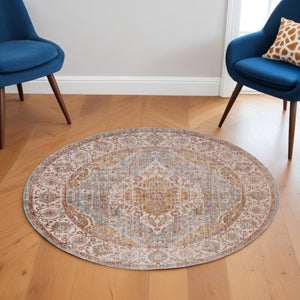 HomeRoots 6' Ivory and Yellow Oriental Distressed Round Rug - Stylish, Durable, and Perfect for Any Home Decor 6' Round 532091