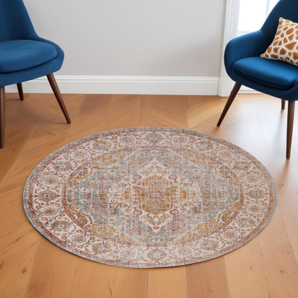 HomeRoots 6' Ivory and Yellow Oriental Distressed Round Rug - Stylish, Durable, and Perfect for Any Home Decor 6' Round 532091