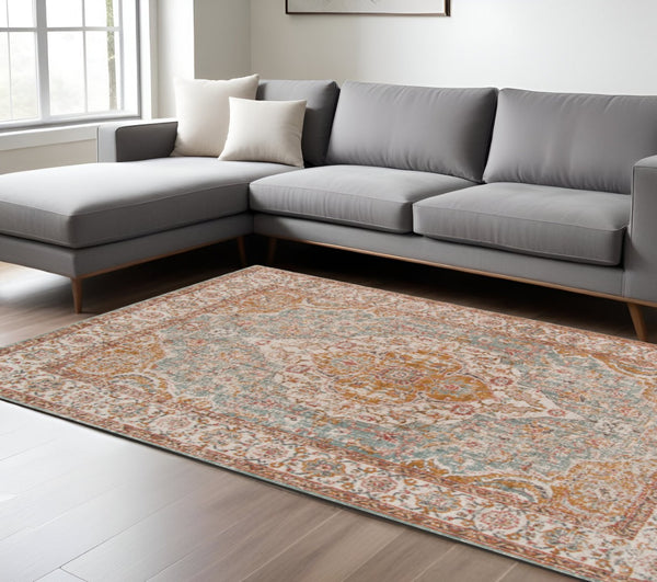 HomeRoots 6' Ivory and Yellow Oriental Distressed Round Rug - Stylish, Durable, and Perfect for Any Home Decor 7' X 9' 532092