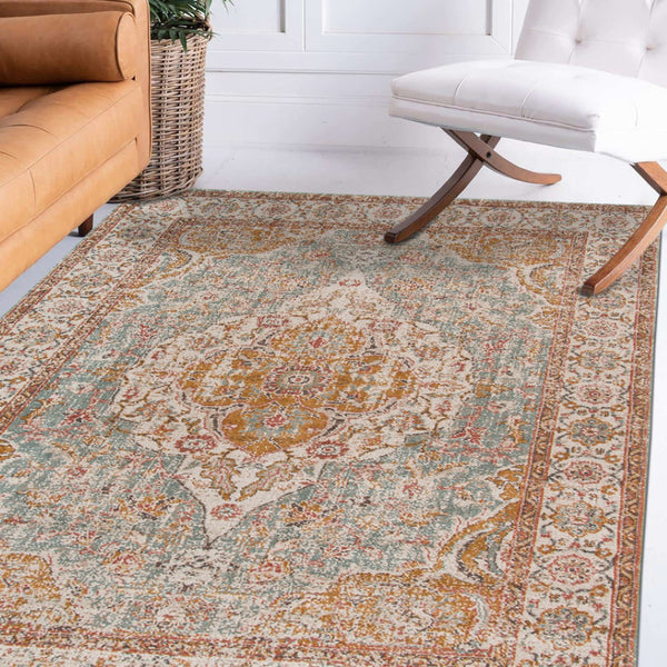 HomeRoots 6' Ivory and Yellow Oriental Distressed Round Rug - Stylish, Durable, and Perfect for Any Home Decor 9' X 12' 532093