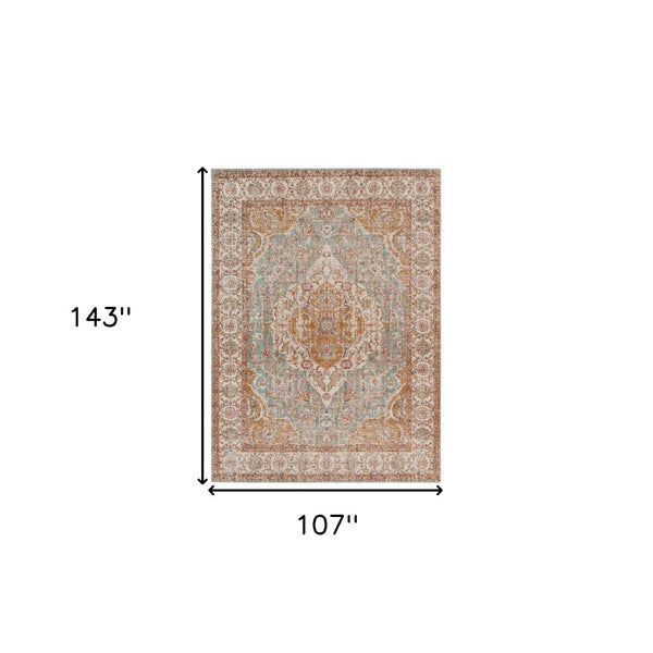 HomeRoots 6' Ivory and Yellow Oriental Distressed Round Rug - Stylish, Durable, and Perfect for Any Home Decor 9' X 12' 532093
