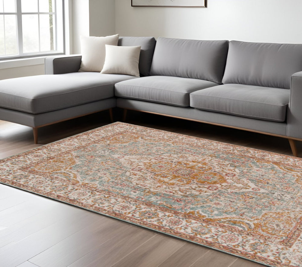 HomeRoots 6' Ivory and Yellow Oriental Distressed Round Rug - Stylish, Durable, and Perfect for Any Home Decor 9' X 12' 532093