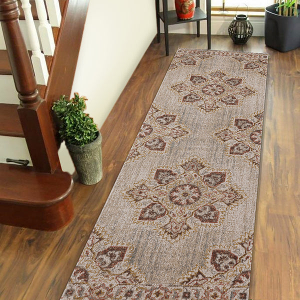 Homeroots 7' Beige And Rust Medallion Power Loom Runner Rug  Polypropylene 532096