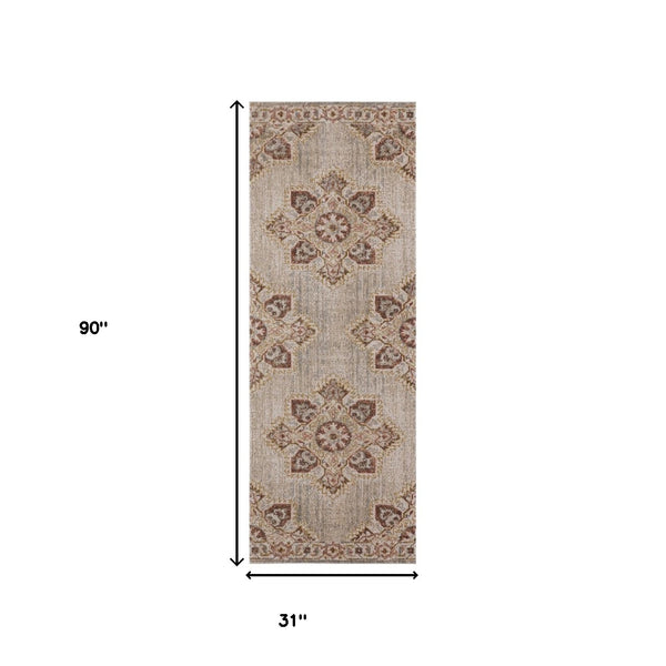 Homeroots 7' Beige And Rust Medallion Power Loom Runner Rug  Polypropylene 532096