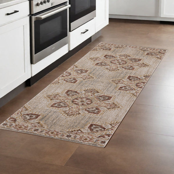 Homeroots 7' Beige And Rust Medallion Power Loom Runner Rug  Polypropylene 532096