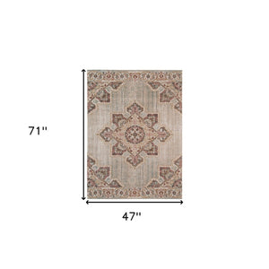 HomeRoots 4' Timeless Beige and Rust Medallion Area Rug for High-Traffic Spaces, Stain Resistant & Durable 4' X 6' 532097
