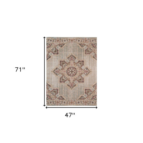 HomeRoots 4' Timeless Beige and Rust Medallion Area Rug for High-Traffic Spaces, Stain Resistant & Durable 4' X 6' 532097