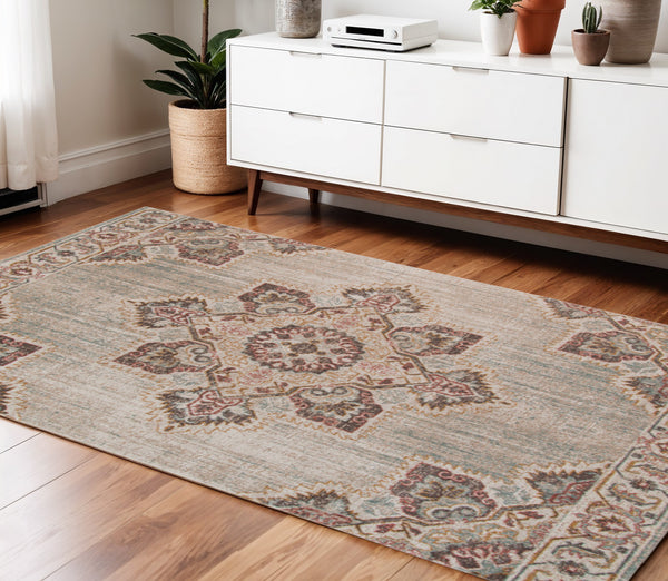 Homeroots 4' X 6' Beige And Rust Medallion Power Loom Area Rug  Polypropylene 532097