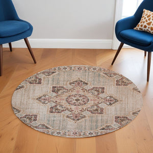 HomeRoots 4' Timeless Beige and Rust Medallion Area Rug for High-Traffic Spaces, Stain Resistant & Durable 6' Round 532099