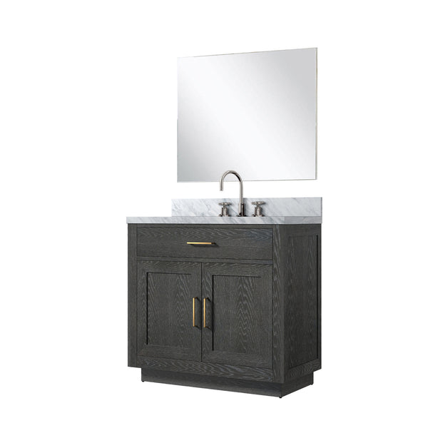 English Elm Black Oak Single Bath Vanity Set With Carrara Marble Top, Chrome Faucet, And Frameless Mirror 34" B2731S02208