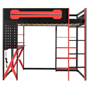 English Elm Full Size Loft Bed with Rgb Lighting Chevron Desk Usb Charging Ports and Storage Shelves Black+Red LT000286AAR