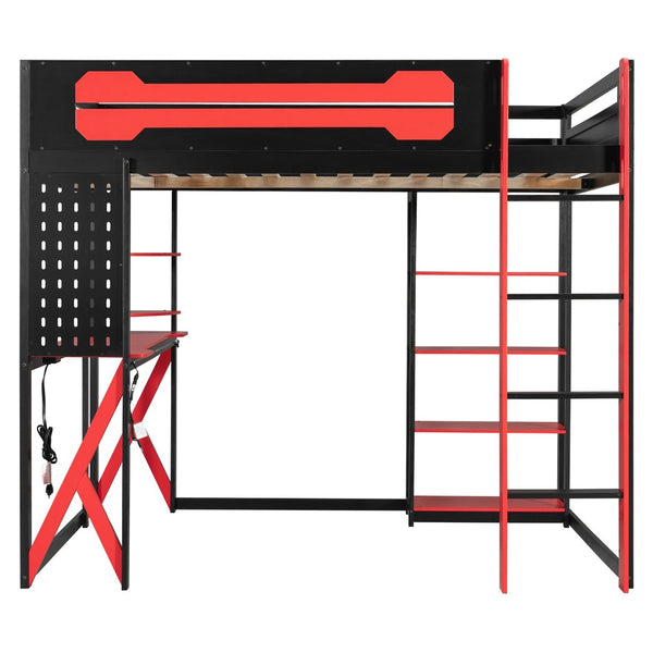 English Elm Full Size Loft Bed with Rgb Lighting Chevron Desk Usb Charging Ports and Storage Shelves Black+Red LT000286AAR