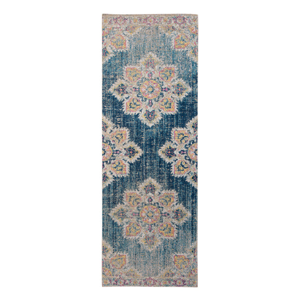 Homeroots 7' Yellow And Navy Medallion Power Loom Runner Rug  Polypropylene 532104