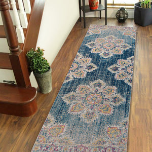 Homeroots 7' Yellow And Navy Medallion Power Loom Runner Rug  Polypropylene 532104
