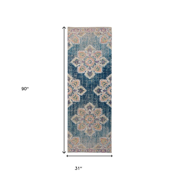 Homeroots 7' Yellow And Navy Medallion Power Loom Runner Rug  Polypropylene 532104