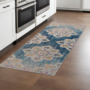 Homeroots 7' Yellow And Navy Medallion Power Loom Runner Rug  Polypropylene 532104