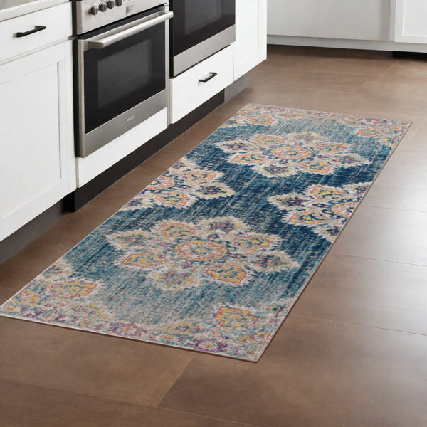 Homeroots 7' Yellow And Navy Medallion Power Loom Runner Rug  Polypropylene 532104