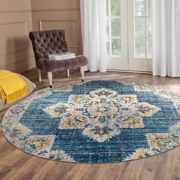 Homeroots 6' Yellow And Navy Medallion Power Loom Round Rug  Polypropylene 532107