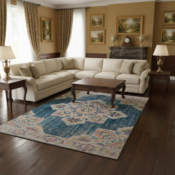 HomeRoots 4' Timeless Beige and Rust Medallion Area Rug for High-Traffic Spaces, Stain Resistant & Durable 7' X 9' 532108