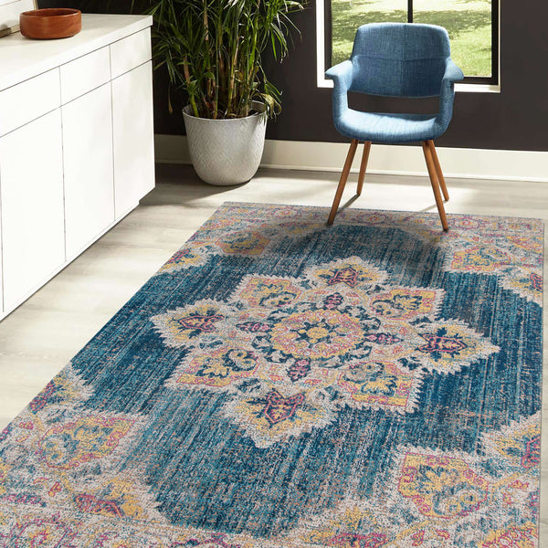 Homeroots 9' X 12' Yellow And Navy Medallion Power Loom Area Rug  Polypropylene 532109