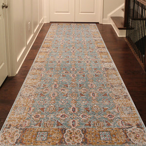 Homeroots 7' Teal Red And Orange Floral Power Loom Runner Rug  Polypropylene 532112